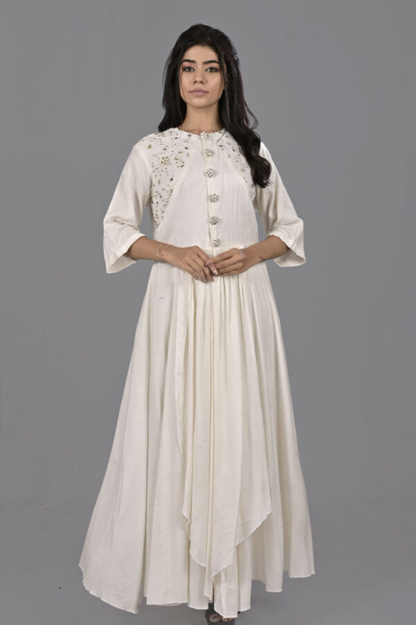 Order White Embroidered Yoke with Inverted Flare with Pants Dress Online