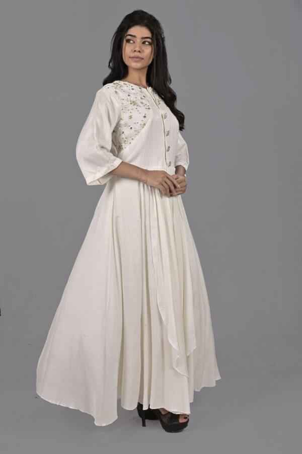 Buy White Embroidered Yoke with Inverted Flare with Pants Dress Online