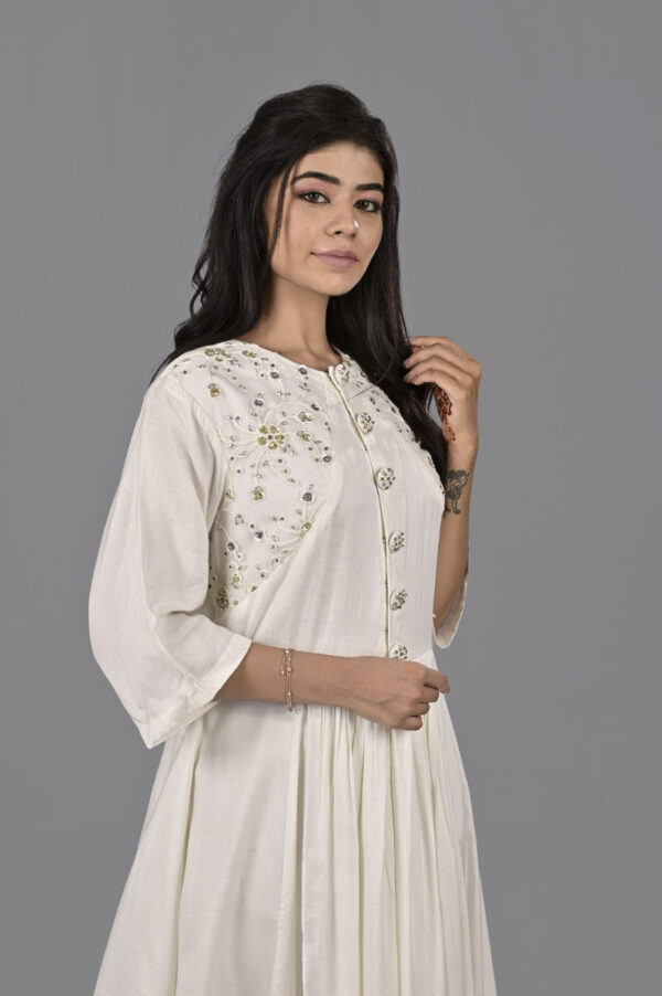 Buy White Embroidered Yoke with Inverted Flare with Pants Dress