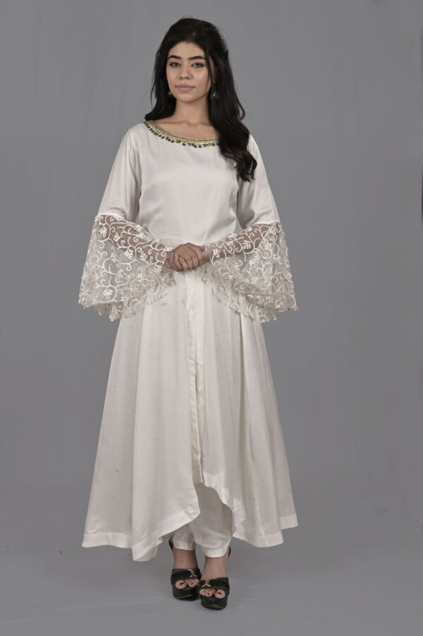 Order White Bodice with Embroidered Flare Sleeve Dress Online in India