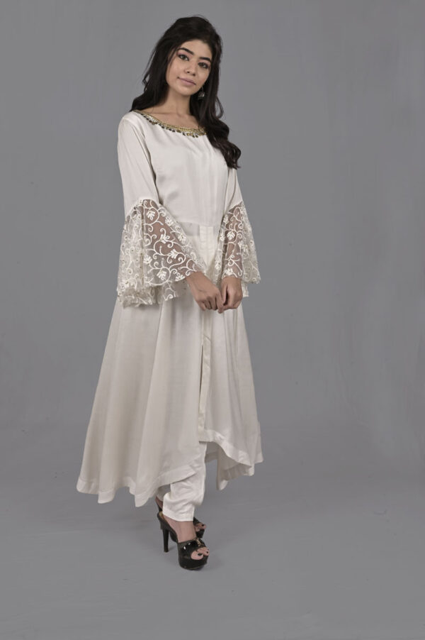 Order White Bodice with Embroidered Flare Sleeve Dress Online