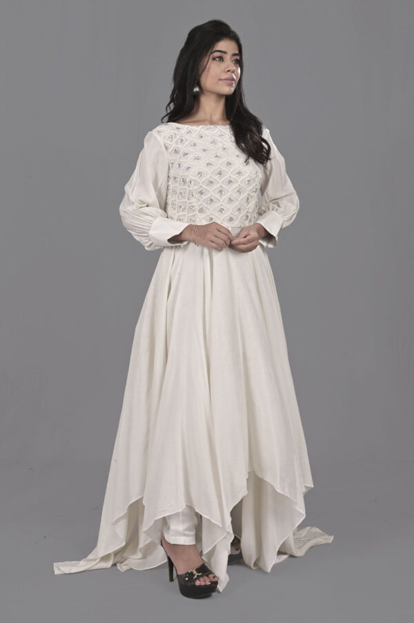 Order White Bodice Embroidered with Lanteen Sleeve Dress Online