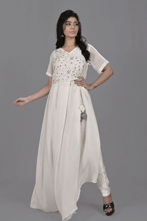 Buy White Embroidered Angaraka with Directional Flare Dress Online