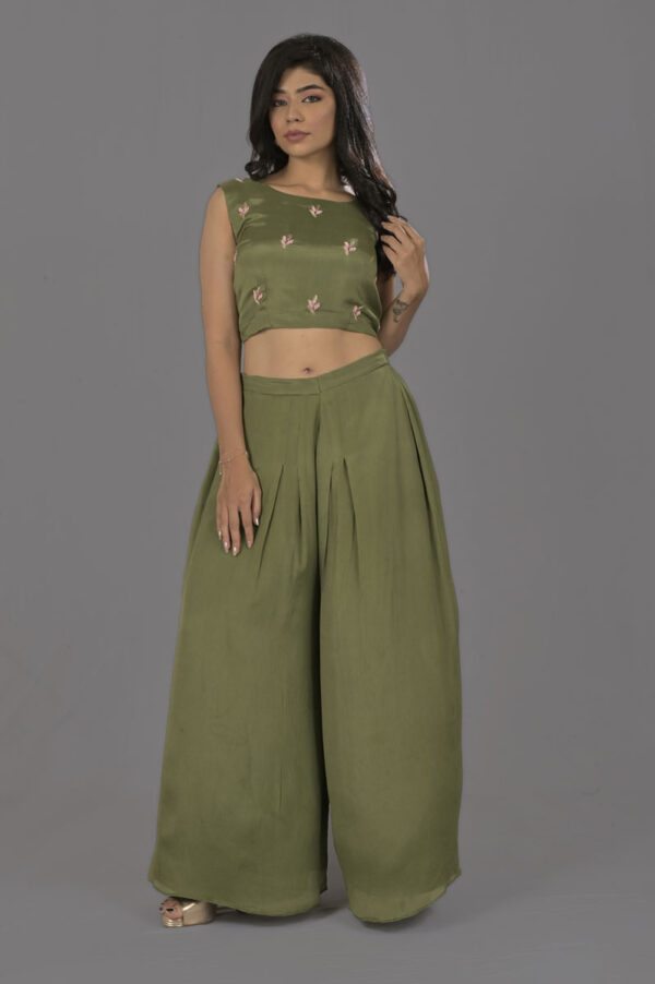 Buy Mehandi Green Crop Top, Jacket & Palazzo Dress Online