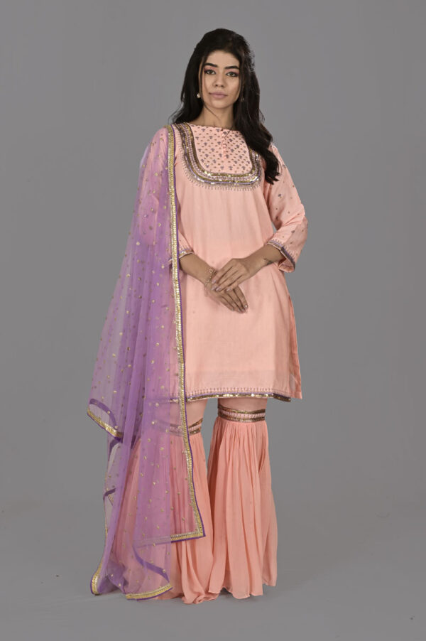 Order Peach Linen Satin Kurti Set with Sharara Dress Online