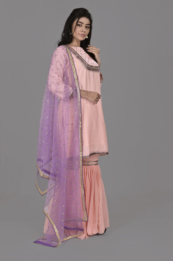 Buy Peach Linen Satin Kurti Set with Sharara Dress Online
