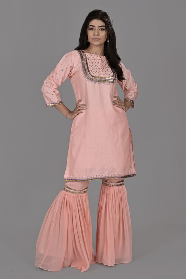 Order Peach Linen Satin Kurti Set with Sharara Dress Online in India