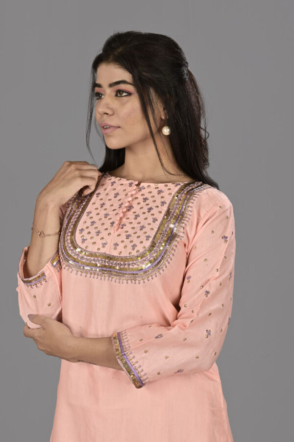 Buy Peach Linen Satin Kurti Set with Sharara Dress Online in India