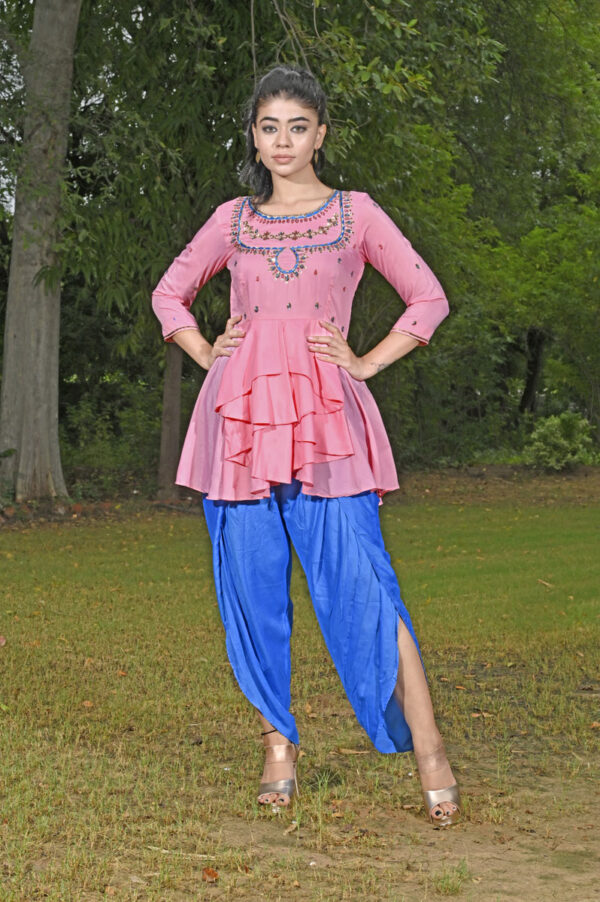 Order Pastel Pink Muslin Peplum with Dhoti Pants Dress Online