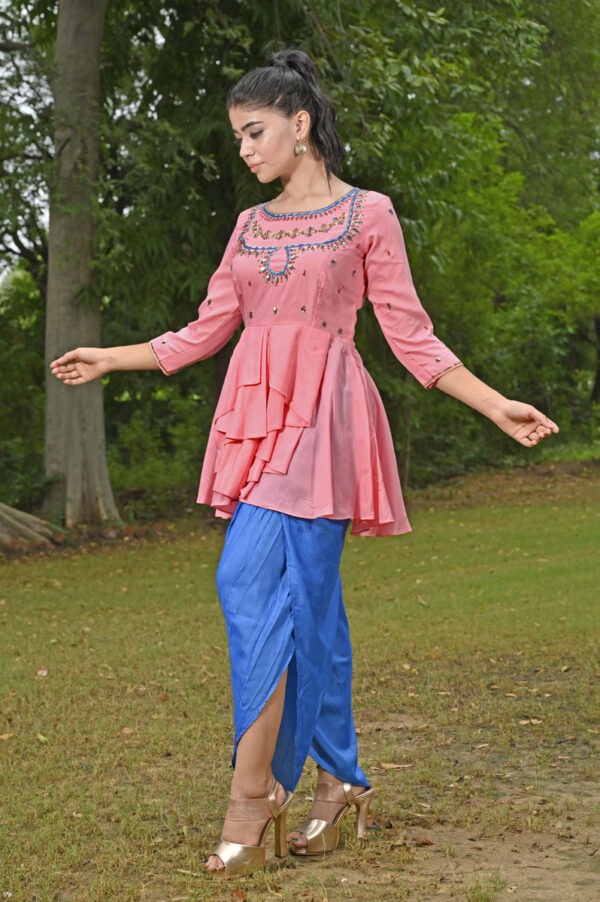 Buy Pastel Pink Muslin Peplum with Dhoti Pants Dress Online