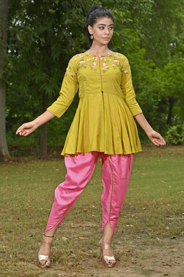 Buy Mehendi Green Muslin Peplum with Dhoti Pants Dress Online