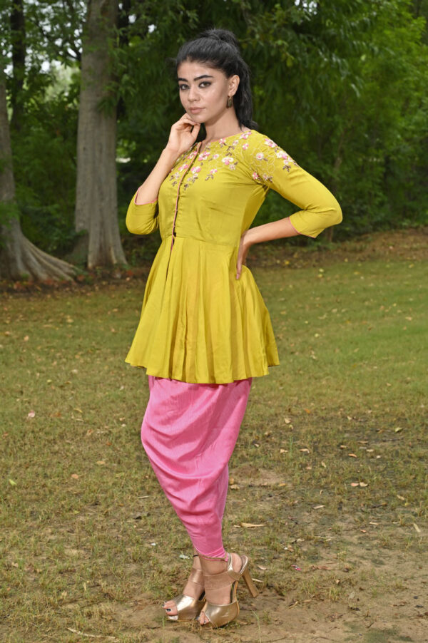 Order Mehendi Green Muslin Peplum with Dhoti Pants Dress Online