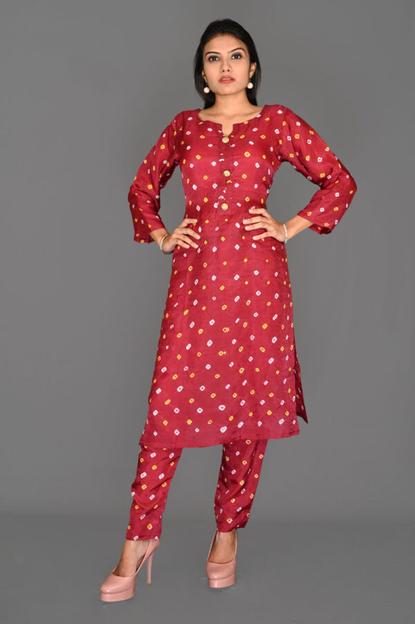 Buy Red Bandhani Straight Kurti with Pant Dress Online