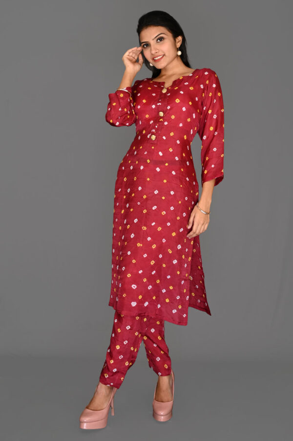 Order Red Bandhani Straight Kurti with Pant Dress Online