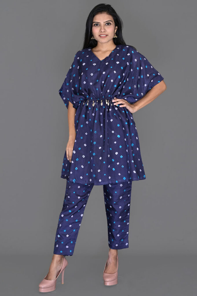 Buy Navy Blue Bandhani Kaftan Kurti with Pant Dress Online