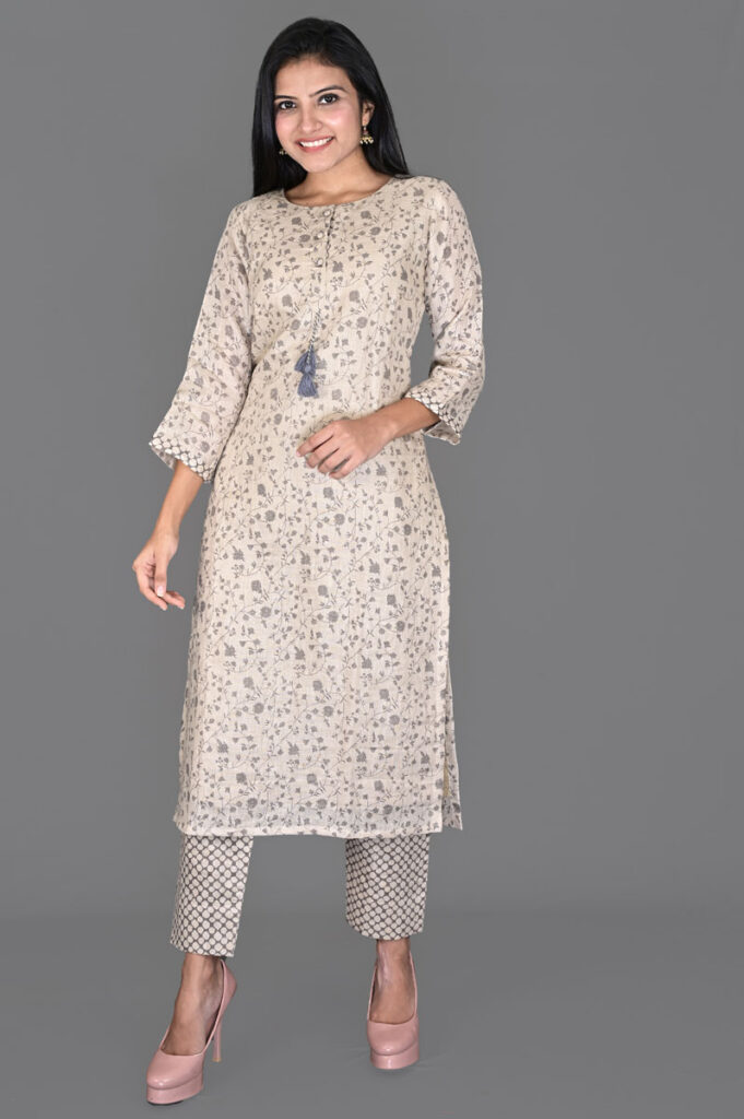 Buy Creamish Grey Floral Print Linen Kurti with Pants Dress Online