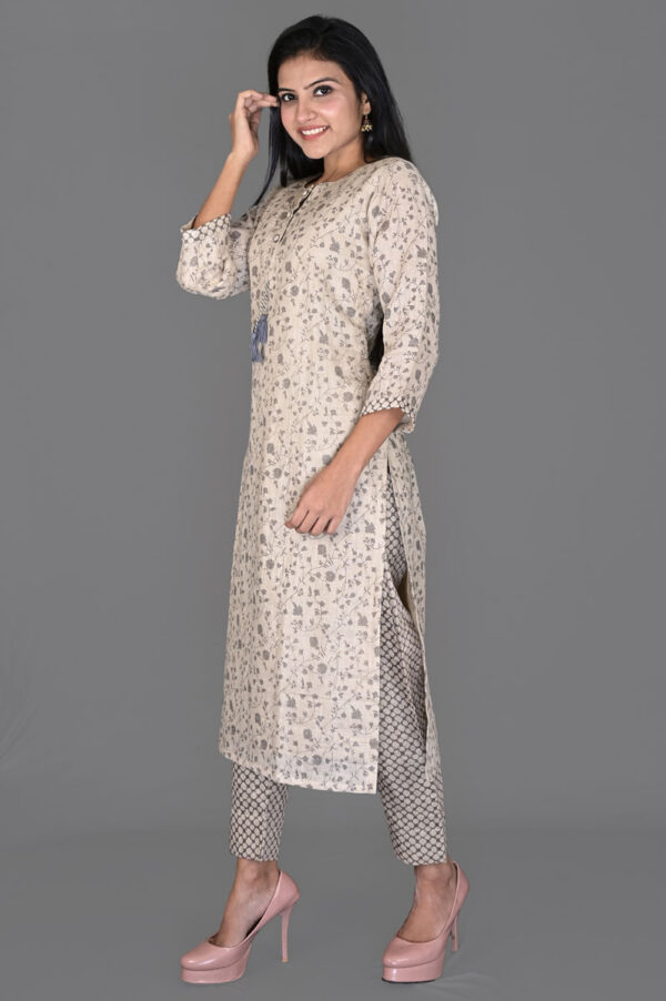 Order Creamish Grey Floral Print Linen Kurti with Pants Dress Online
