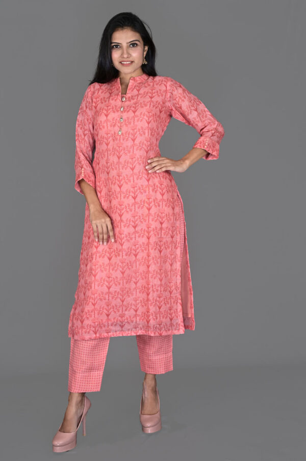 Order Pinkish Red Floral Print Linen Kurti with Pants Dress Online