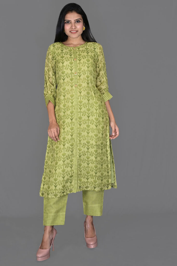 Buy Mehandish Green Floral Print Linen Kurti with Pants Online