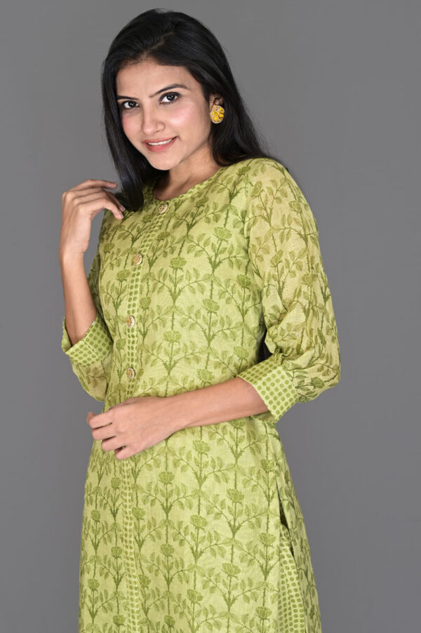 Order Mehandish Green Floral Print Linen Kurti with Pants Online in India