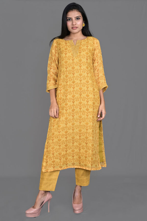 Order Orangish Yellow Floral Print Linen Kurti with Pant Dress Online in India