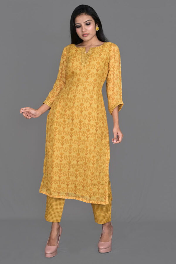 Buy Orangish Yellow Floral Print Linen Kurti with Pant Dress Online in India