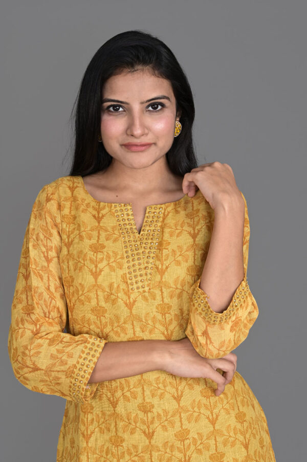 Buy Orangish Yellow Floral Print Linen Kurti with Pant Dress Online