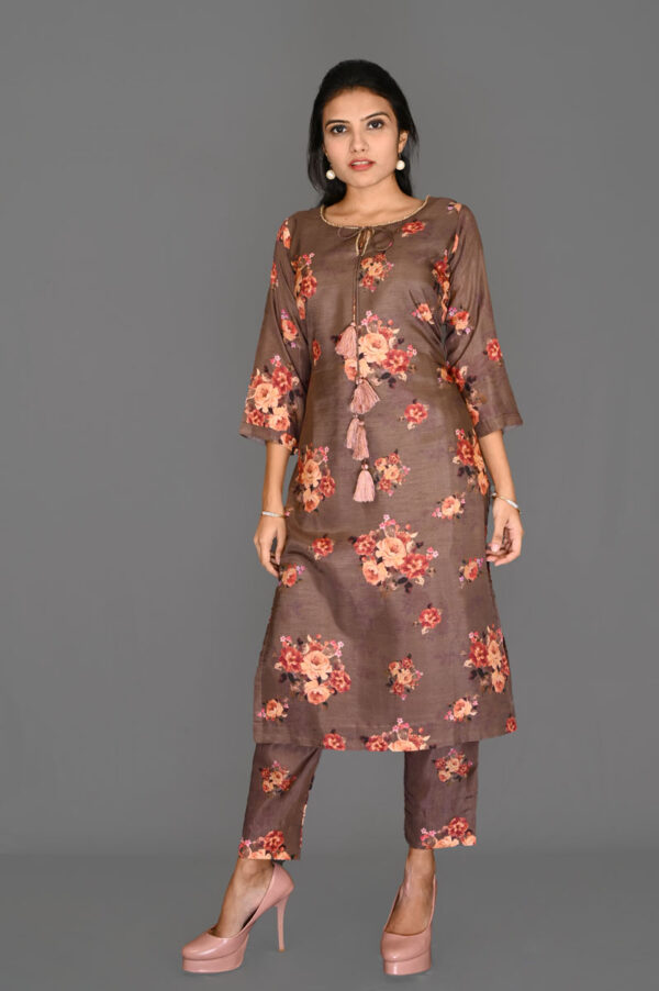 Order Brown Floral Print Kurti with Pant Online in India