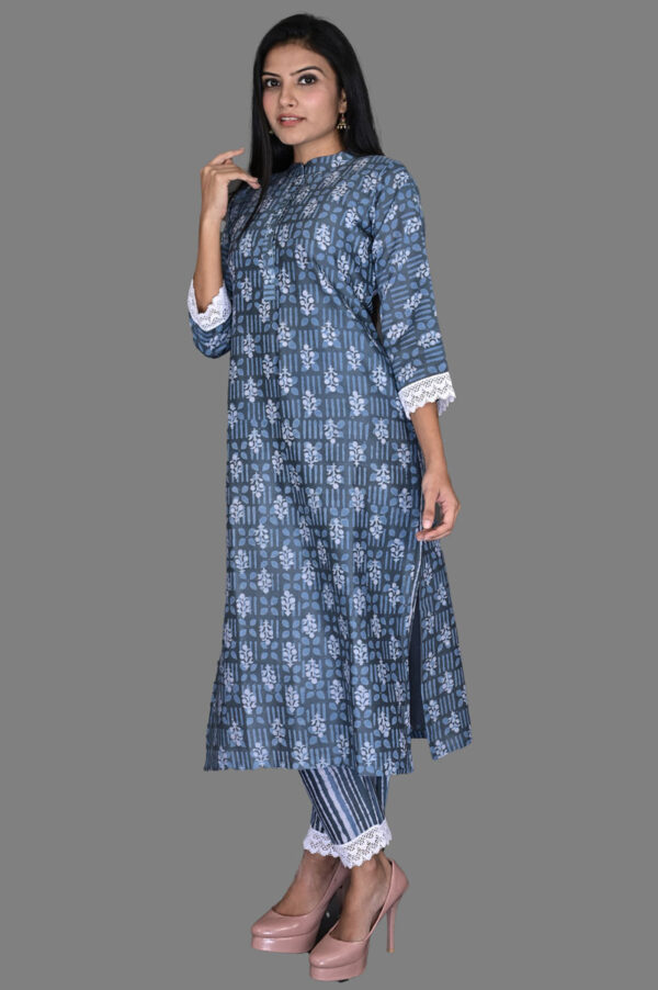 Order Indigo Grey Floral Print Kurti with Printed Pant Dress Online