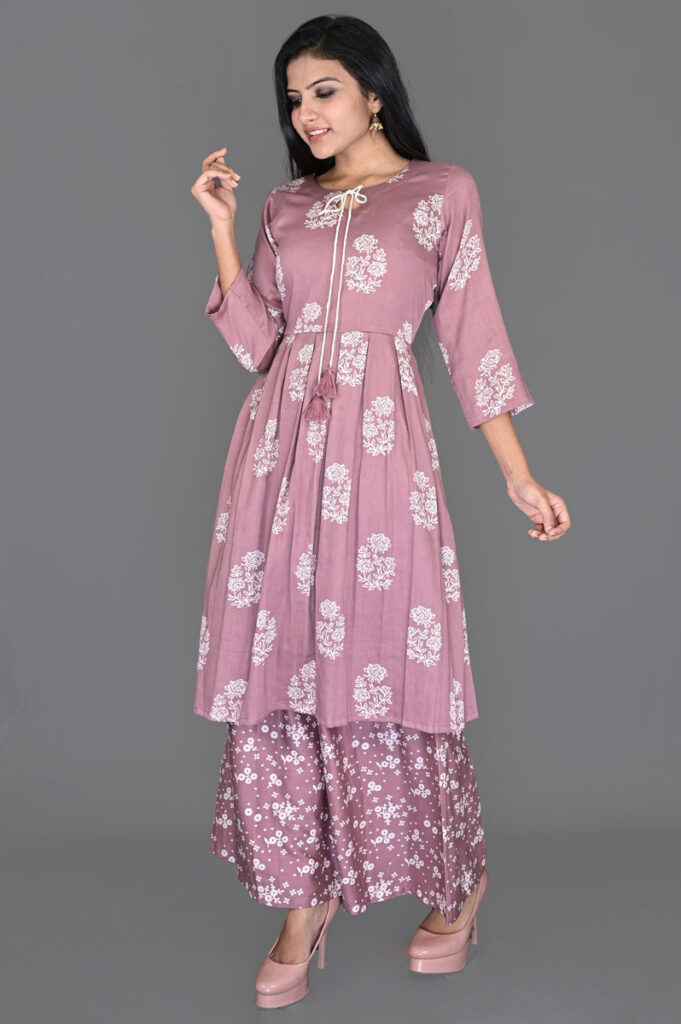 Buy Pastel Pink Printed Flare Kurti with Printed Palazzo Online