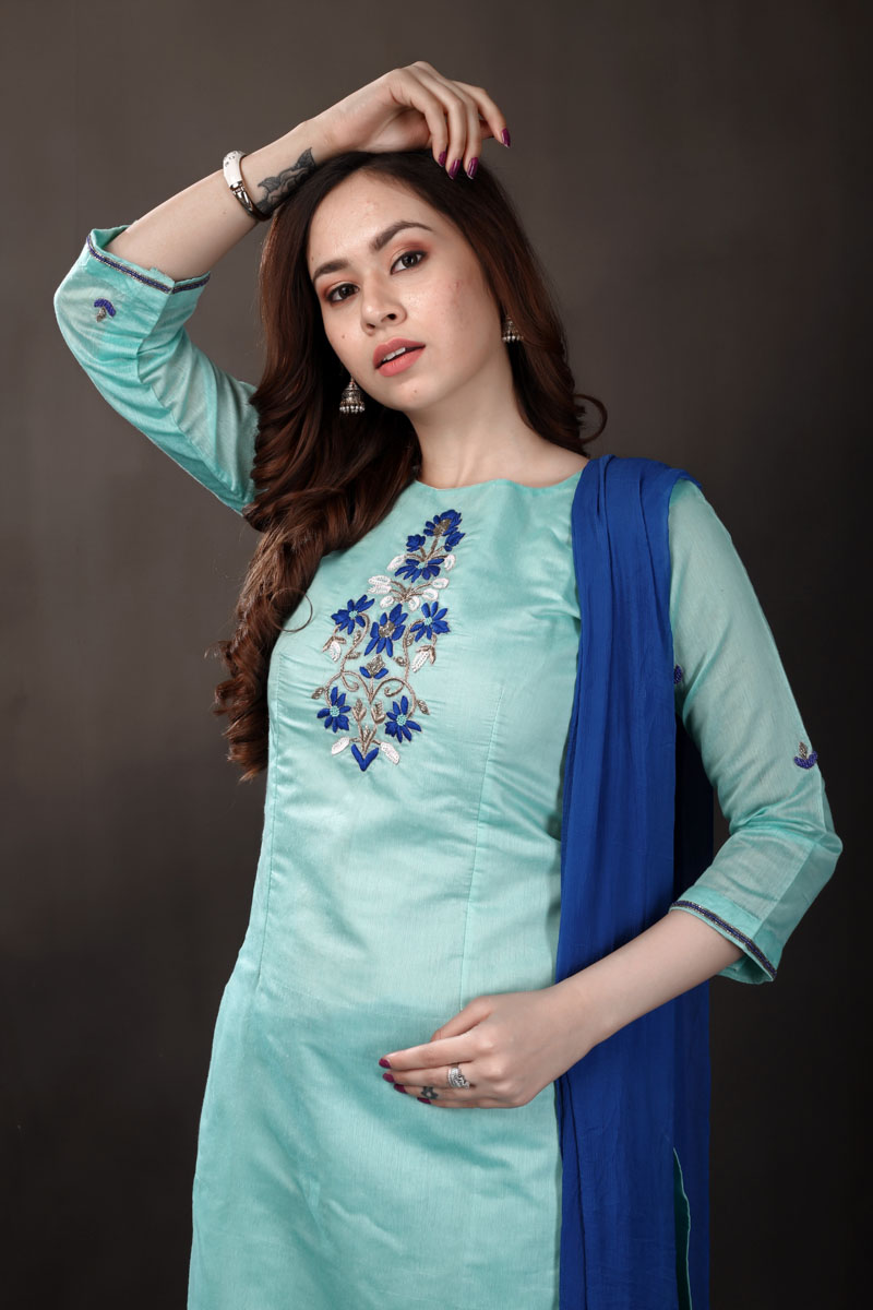 South Cotton Kurti With Rayon Plazo In Sky Blue Color With Embroidery Work  ,Cotton Work Duppata - Suits & Sharara