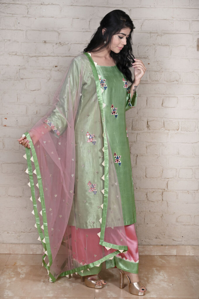 Pista Green Mirror Work Gagi Silk Kurti Set