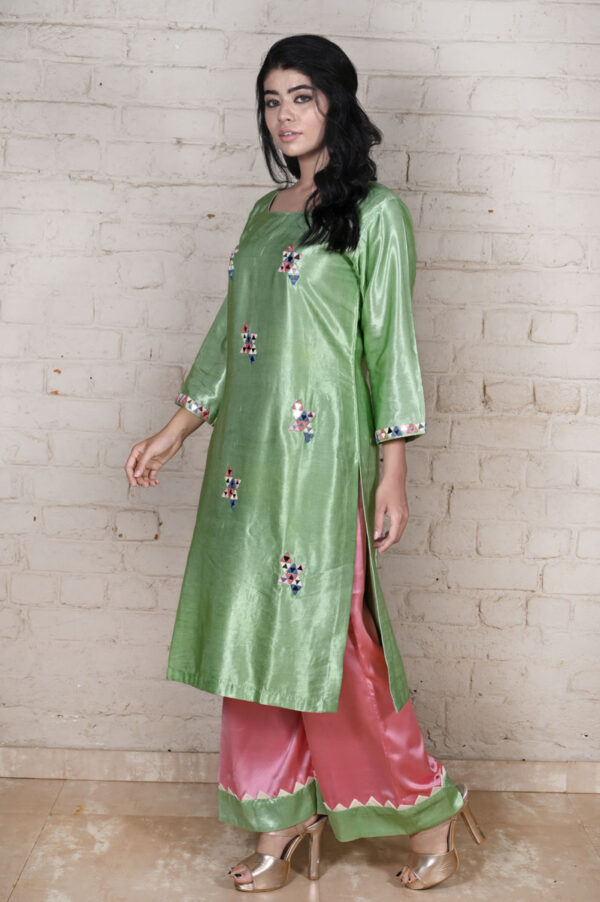 Order Pista Green Mirror Work Gagi Silk Kurti Set Online in India