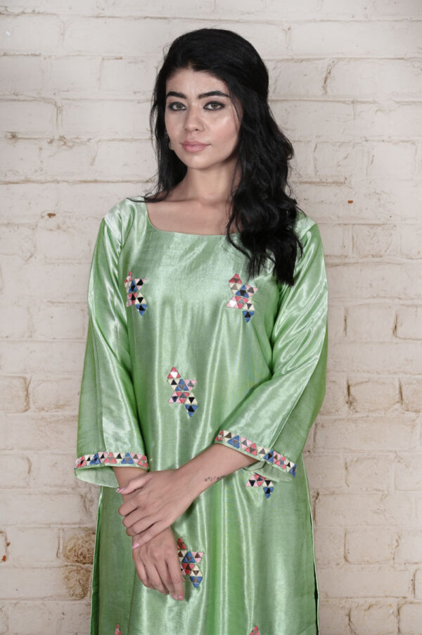 Buy Pista Green Mirror Work Gagi Silk Kurti Set Online in India