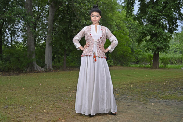 Order White Anarkali Dress with White-Rust Jacket Dress Online