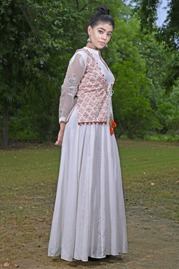 Buy White Anarkali Dress with White-Rust Jacket Dress Online