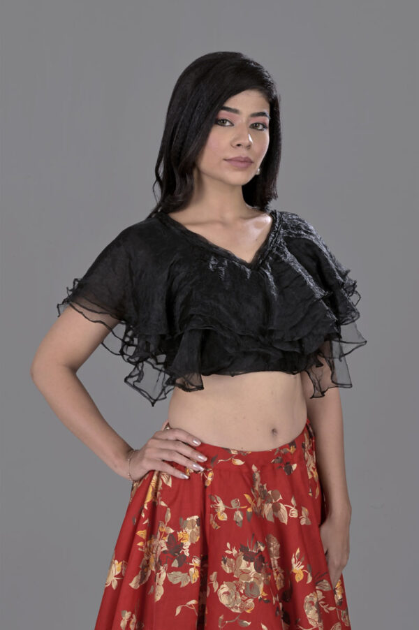 Order Black Ruffle Blouse & Red Foil Skirt Online in India