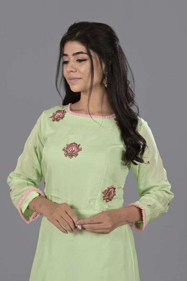 Order Pista Green Motif Aline Dress Online in India