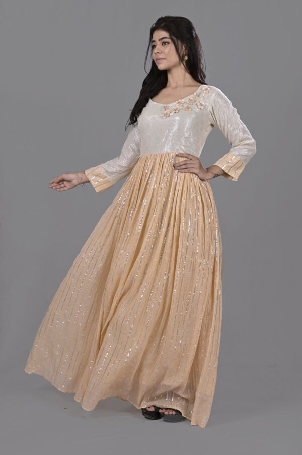 Buy Peach Cream Strip Gown Dress Online in India