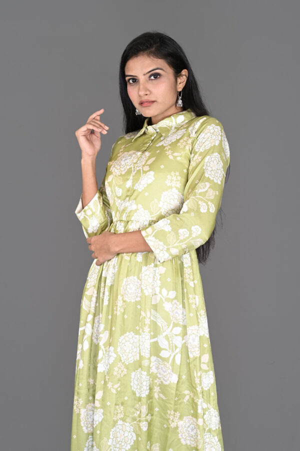 Order Parrot Green Floral Print Satin Dress Online in India