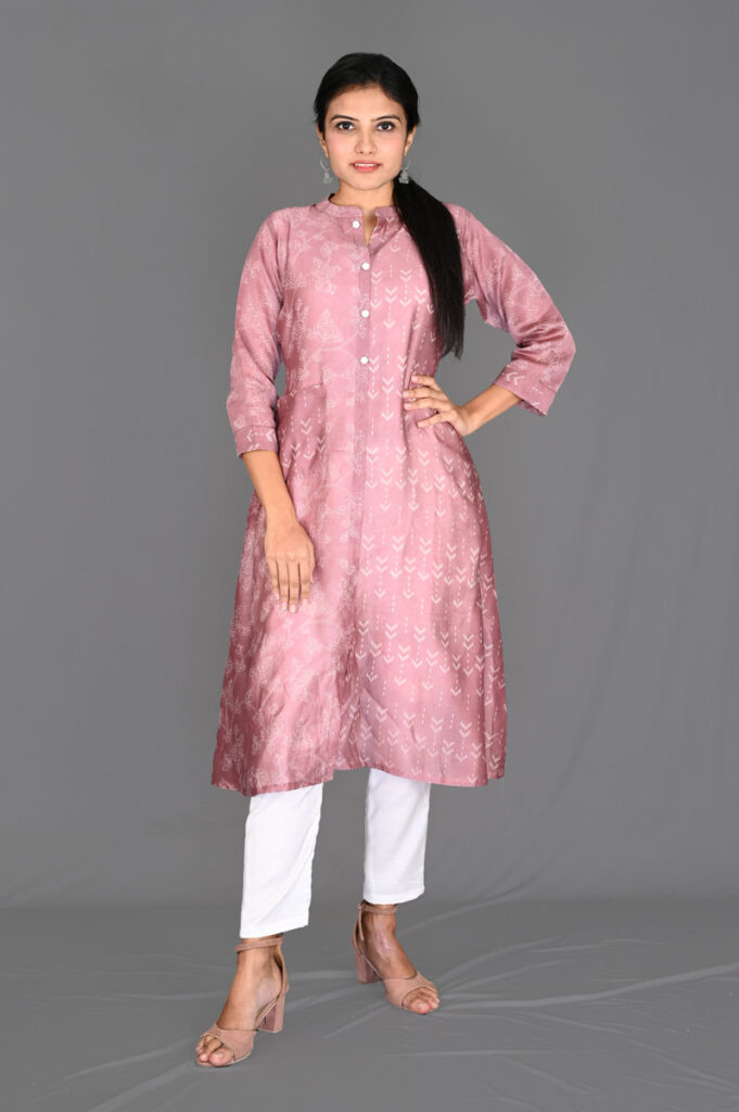 Order Pastel Pink Dual Printed Flare Kurti Online