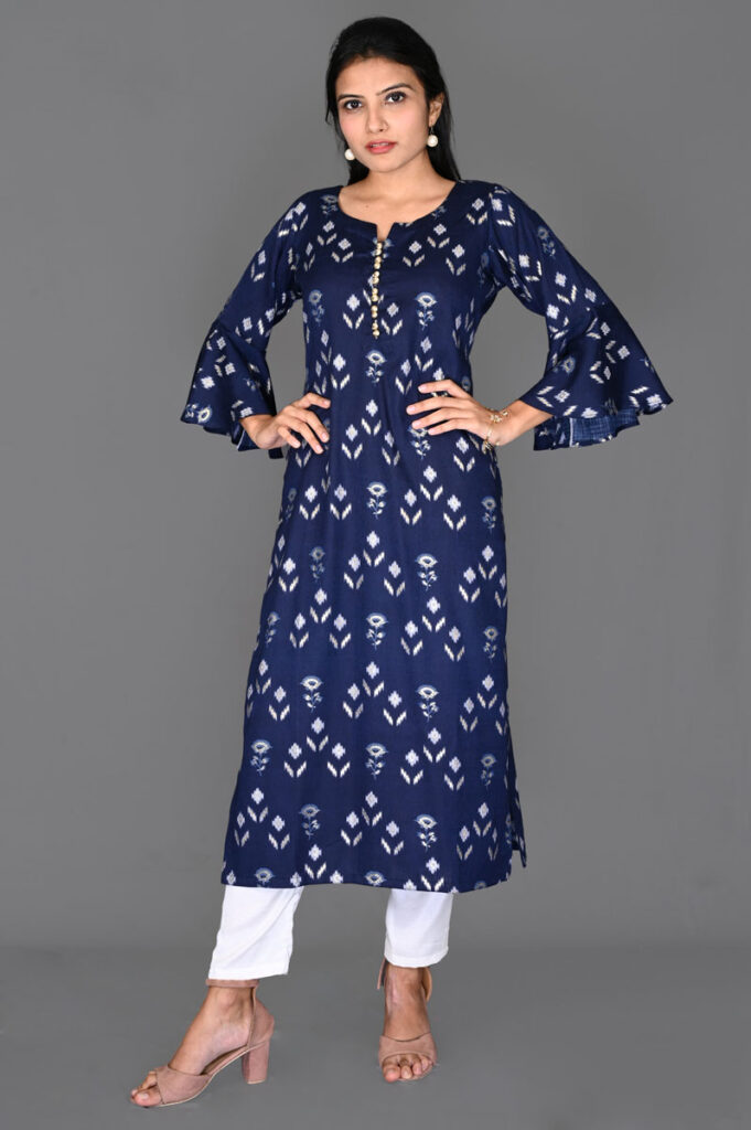 Order Navy Blue Ikat Floral Print Aline Kurti Online