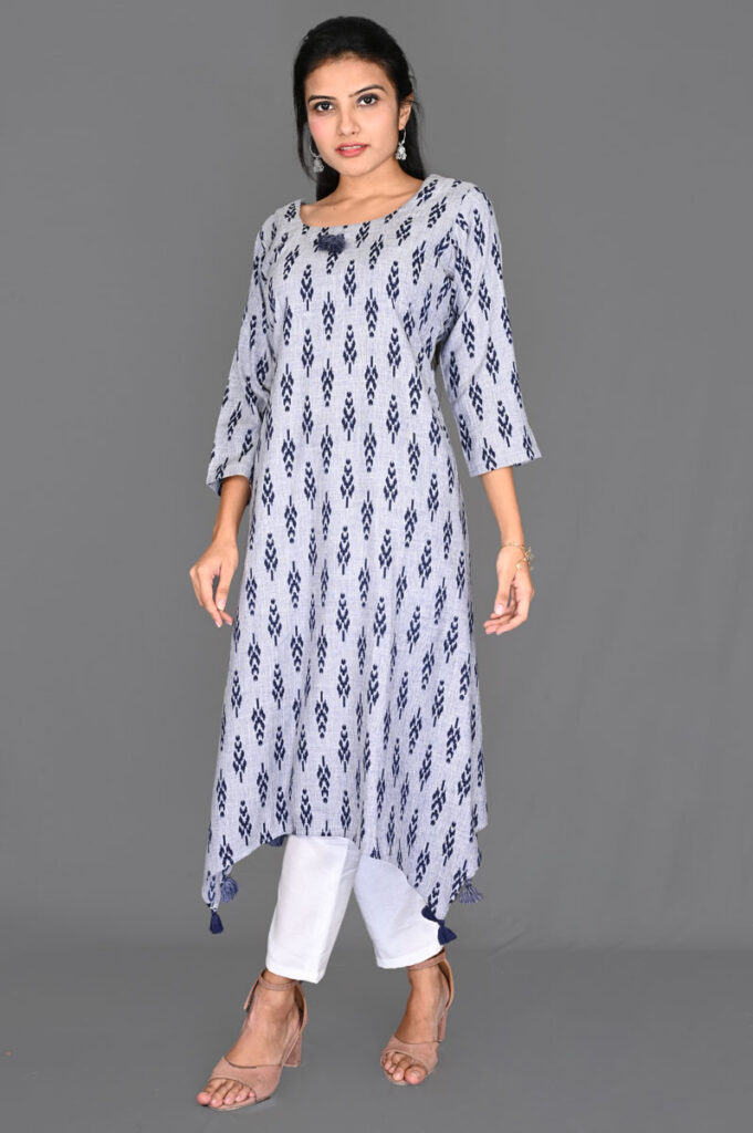 Buy Grey with Blue Ikat Floral Print Aline Kurti Online in India