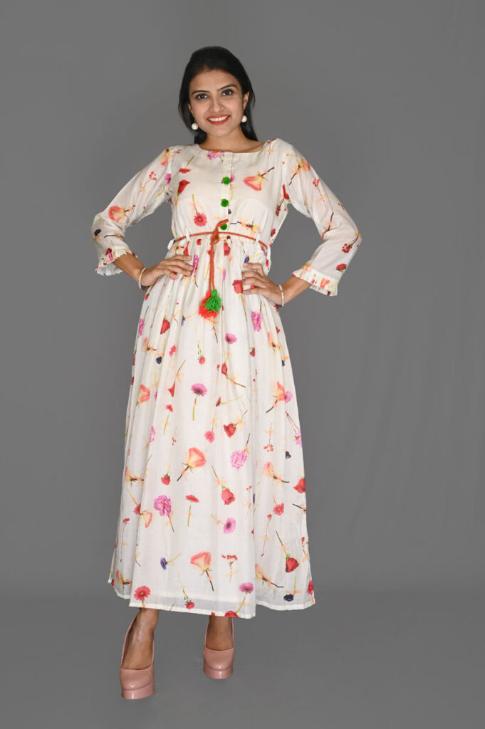Buy White Multi-Color Floral Print Aline Dress Online in India
