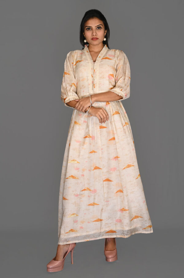 Order Cream Color with Orange Triangle Print Aline Dress Online