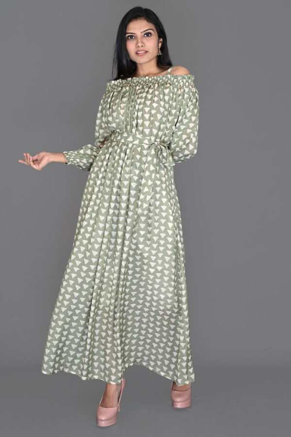 Buy Green Triangle Print Gather Dress with Belt Online