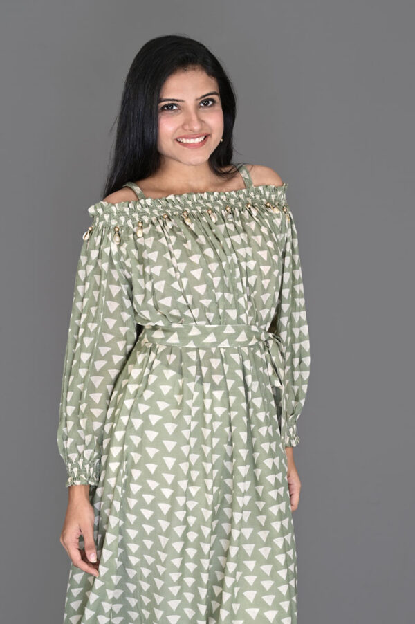 Green color with triangle print dress in muslin fabric