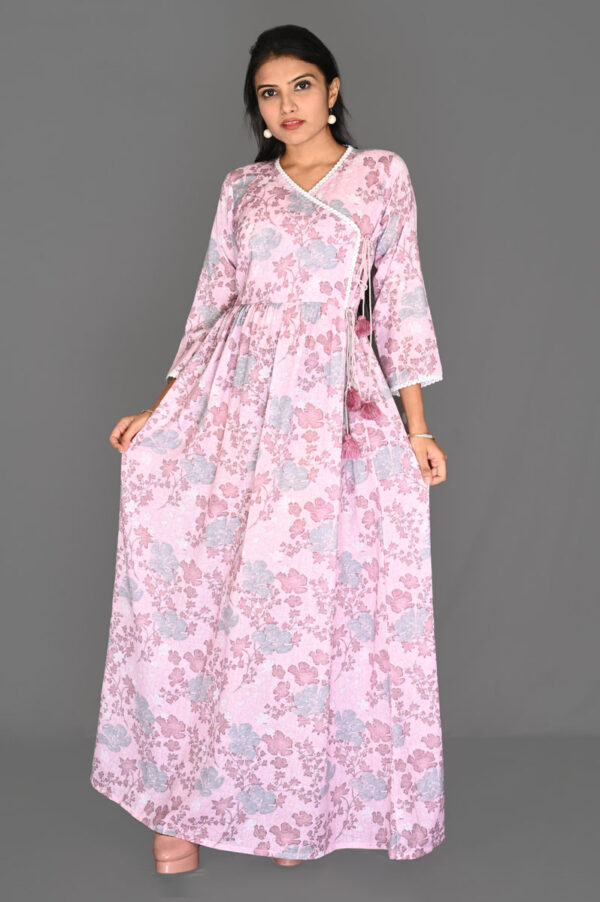Buy Pink with Sky Blue Floral Print Rayon Angarakha Flare Dress Online