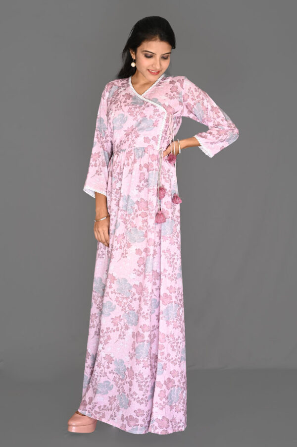 Buy Pink with Sky Blue Floral Print Rayon Angarakha Flare Dress