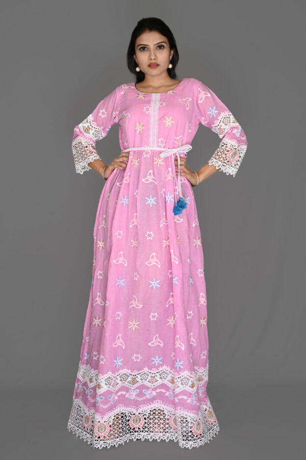 Buy Pink EMB with White Dual Border Flare Dress Online In India